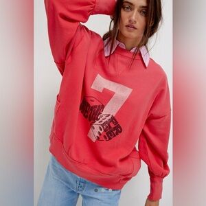 We The Free Coral Red Graphic '7' Pocket Sweatshirt